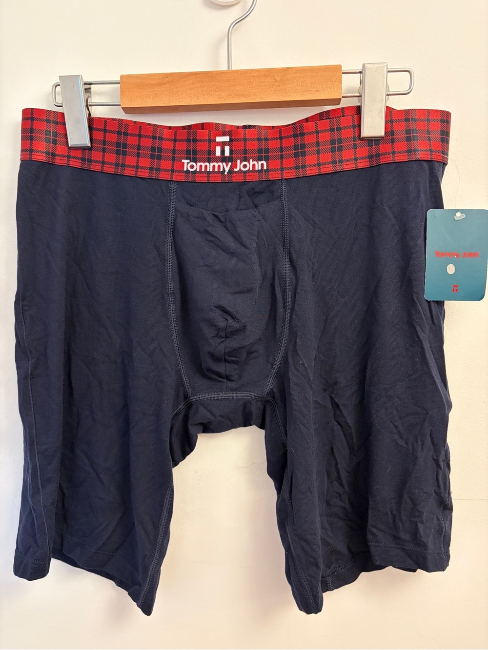 Tommy John Navy Boxer Briefs with Red Plaid Waistband